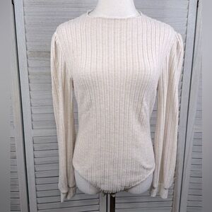 SHEIN Long Sleeve Lettuce Edge Mock Neck Bodysuit Cream-Large